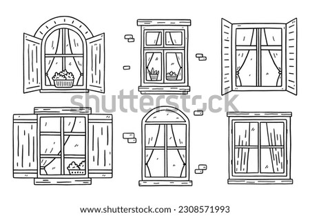 Set of different closed windows isolated on white background. Vector hand-drawn doodle illustration. Perfect for decorations, logo, various designs.