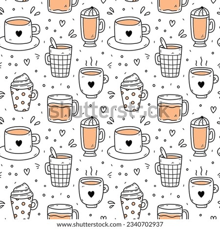 Cute seamless pattern with coffee cups - americano, cappuccino, mocha, latte. Vector hand-drawn illustration in doodle style. Perfect for print, menu, wrapping paper, wallpaper, various designs.