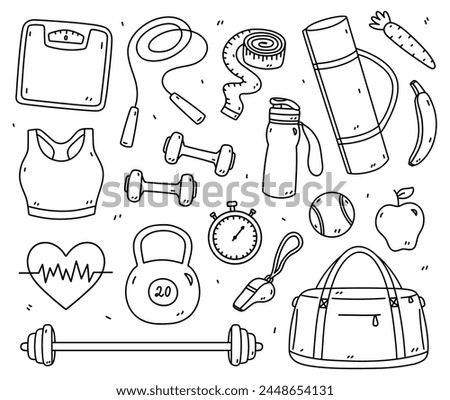 Set of fitness doodles - dumbbells, kettlebell, barbell, jump rope, yoga mat, stopwatch, measuring tape. Sports equipment.Vector hand-drawn illustration isolated on white background. Healthy lifestyle