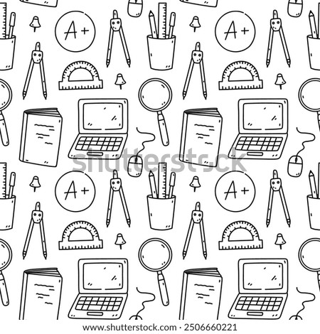 Seamless pattern with school items - books, textbooks, laptop, magnifying glass, rulers, drawing compass. Vector hand-drawn doodle illustration. Perfect for print, wallpaper, decorations.