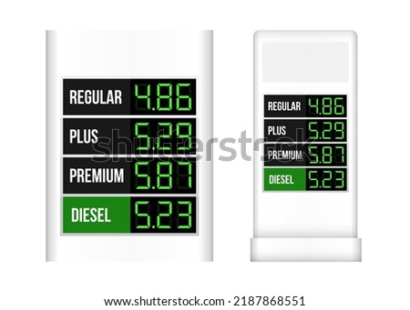 Gas station display stand, vector template isolated on white background. Fuel price led screen billboard mockup. Electronic pixel tablo gasoline cost. Petrol car service live banner. Alphabet, numbers