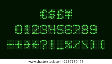 Vector exchange money rate green screenboard. Sport billboard score. Neon led display typeface mockup. Web airport arrival panel. Digital numbers and signs. Financial pixel icon set. Binary font