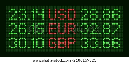 Cash exchange rate LED display. Money exchange green pixel screen mockup. Vector USD, EUR, GBP symbol. Neon panel international finance. Digital numbers and alphabet. Binary font. Web dots font set