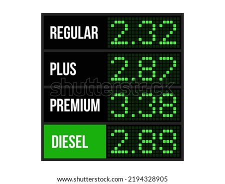 Vector car fuel price LED screen table isolated on white background. Auto gasoline cost emblem mockup. Diesel petrol bills electronic board. Gas station digital online billboard, numbers, text, sign