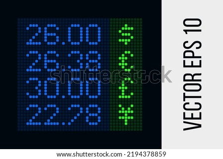 Vector currency rate LCD display isolated on white background. USD, EUR, JPY cash rate pixel digital screen. Blue pixel finance font