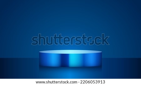 Vector blue circle premium podium for presentation. Metal luxury pedestal mockup. Product scene template. Commercial geometric cylinder. Modern 3D gradient empty room for product advertising
