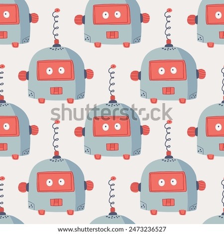 Set of happy funny cartoon childish robots wave. Cute kid cyborgs, retro, futuristic modern bots, android, smiling characters in flat vector illustration.