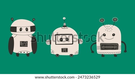 Set of happy funny cartoon childish robots wave. Cute kid cyborgs, retro, futuristic modern bots, android, smiling characters in flat vector illustration.