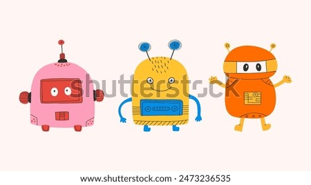 Set of happy funny cartoon childish robots wave. Cute kid cyborgs, retro, futuristic modern bots, android, smiling characters in flat vector illustration.