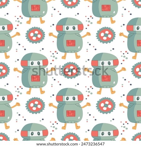 Set of happy funny cartoon childish robots wave. Cute kid cyborgs, retro, futuristic modern bots, android, smiling characters in flat vector illustration.