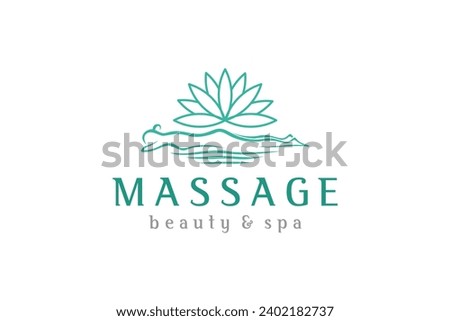 Spa massage beauty scrub salon logo design, With an illustration of a woman sleeping on her stomach, and lotus flower.