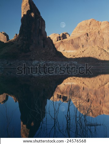 (P0004) Lake Powell Moonrise Full moon rising with mirror reflections across lake. 16bit / 100mg scans from 4x5 transparency. Color corrected and touched up. See my portfolio for more landscapes.