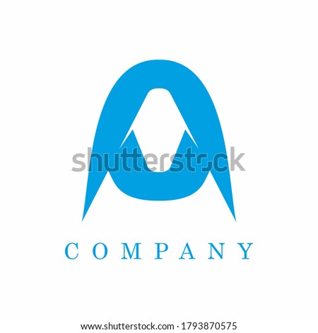 Blue A with the shape of space ship or rocket vector logo template