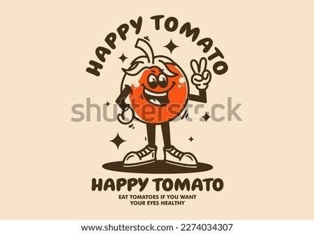 Mascot character design of a standing tomato with hands forming a peace symbol