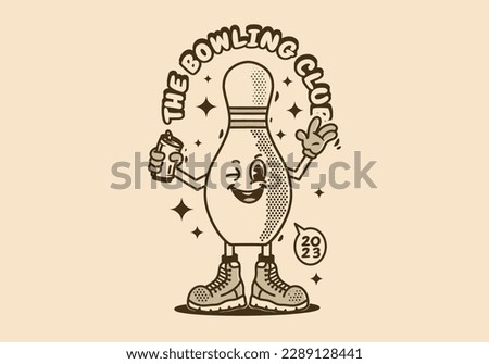 Mascot character design of a bowling pin holding a beer can