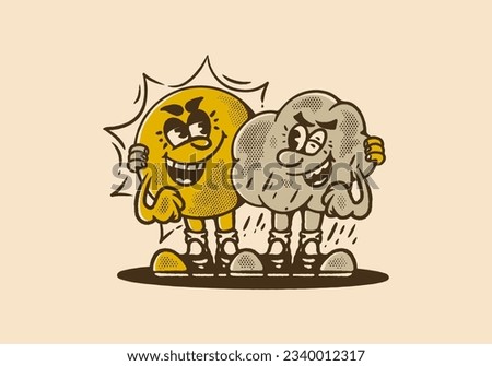 Mascot character illustration of a sun and rain cloud, in vintage style