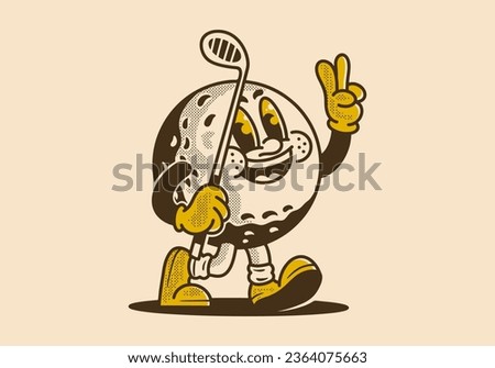 Vintage mascot character illustration of golf ball holding a golf stick