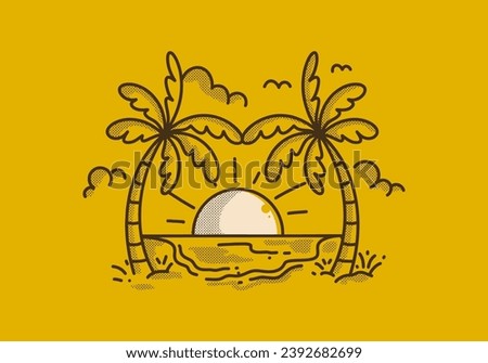 Vintage line art illustration of a beach with big sun