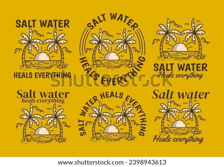 Salt water heals everything. Vintage line art illustration of a beach with big sun