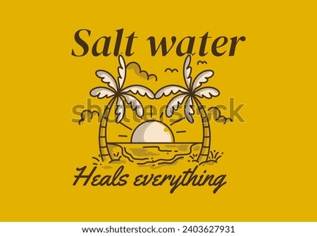 Salt water heals everything. Vintage line art illustration of a beach with big sun