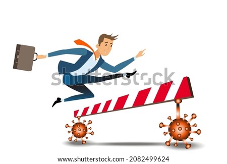Businessman or manager runs on obstacle course with a briefcase in hand. Man jumping over the barrier on crisis COVID-19. Achieving goal. Vector, illustration Stockfoto © 