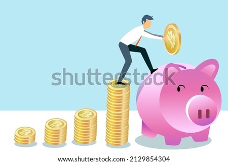 Man putting crypto coin in a piggy bank for saving money wealth and financial concept Business finance investment. vector, illustration