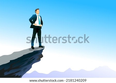 young businessman standing at the top  big rock. vector, illustration