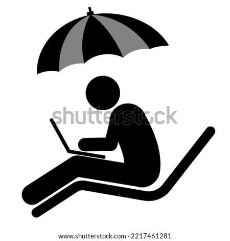Man is working with laptop on holidays vector icon. Benefits of freelancing, working on vacation, remote work, freelance working, freedom of online job concept. vector
