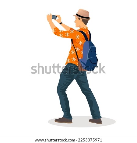 Holiday Travel concept. young tourist man taking photo by his phone camera. vector, illustration