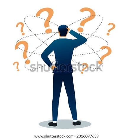 Pensive man standing and making business decision. Cartoon businessman choosing work strategy for success. Questions dilemma and options confusion concept .vector illustration. 