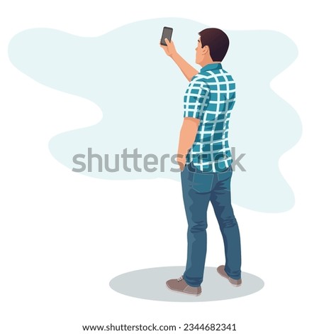 Handsome man taking photos by cell phone. Guy looking at phone screen, shooting video.  taking pictures for memories. vector, illustration