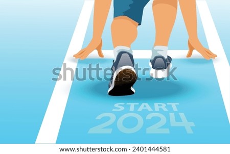 Rear view of a man preparing to start on an athletics track engraved with the year 2024.Happy New Year 2024.challenge, career path and change, readiness of leaders. Goals and plans for the next year.i