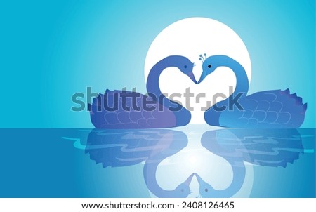 A couple of lovers' swans. Pink and light blue Swan swim towards each other. Cute greeting card for wedding invitation, for Valentine's day. vector,illustration