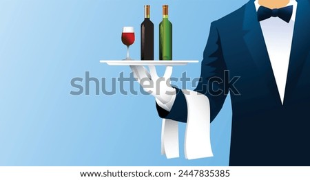 Waiter holding  silver tray  with red wine bottles and glass on blue background. business concept. vector, illustration