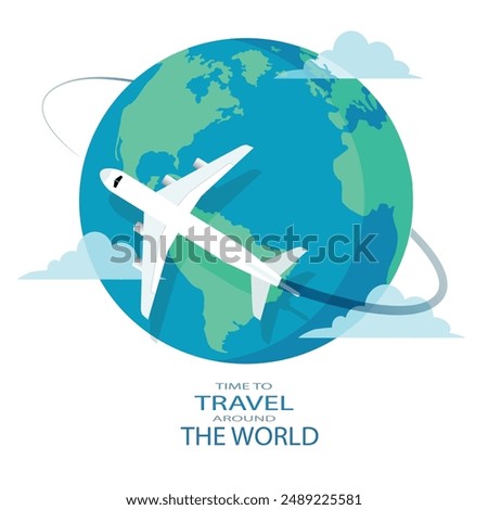 airplane and time to travel banner. travel around the world. landmarks on the globe. Tourism trip concept. Journey in Vacation. Vector illustration