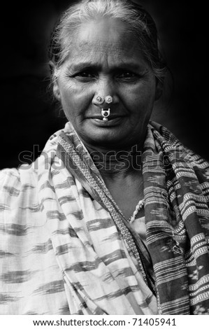 Beautiful black and white portrait of an aged Indian ethnic woman