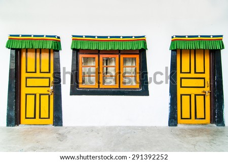 Colorful doors and window in a Buddhist monastery in Darjeeling, India