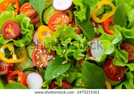 Similar – Image, Stock Photo Tasty vegetarian salad with vegetables, mozzarella and olive oil. Cucumber, beets, green peas, carrots, red onions. Organic delicious and healthy food. Italian cuisine. Vertical shot. Copy space