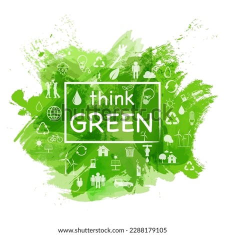 Think green logo with icons and green watercolor paint background, Vector illustration