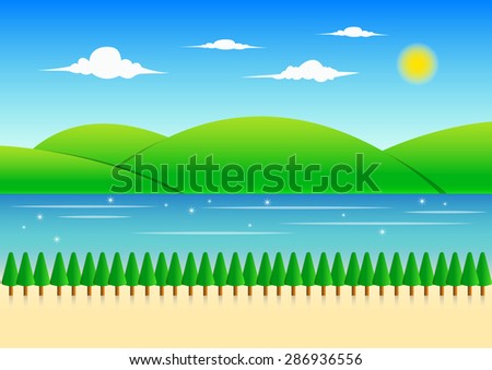 Forest, mountain and river landscape background,vector illustration