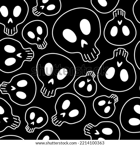 Vector illustration. Seamless pattern of large and small human skulls, hand drawn. Repetitive wallpaper of bones. Creepy evil Halloween background. The day of the Dead. Design of wrapping, gift paper.