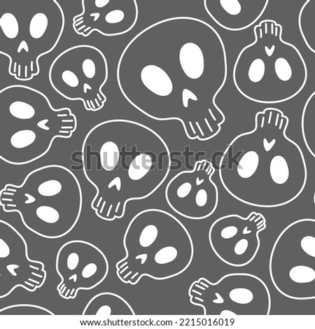 Vector illustration. Seamless pattern of large and small human skulls, hand drawn. Repetitive wallpaper of bones. Creepy evil Halloween background. The day of the Dead. Design of wrapping, gift paper.