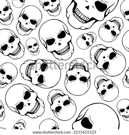 Vector illustration. Seamless pattern of large and small human skulls, hand drawn. Repetitive wallpaper of bones. Creepy evil Halloween background. The day of the Dead. Design of wrapping, gift paper.