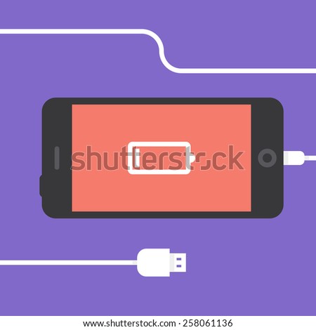 Phone charging, flat icon isolated on a purple. Concept background design