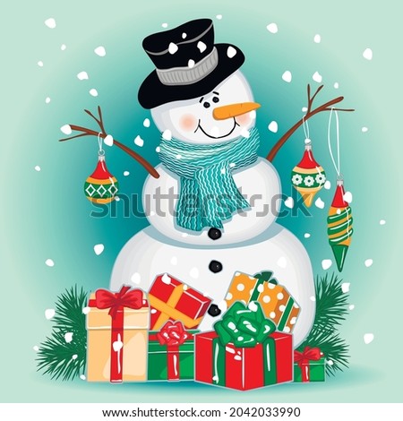 Winter festive background with a snowman in a hat and a scarf. The character holds Christmas tree decorations and is surrounded by gifts.Flat cartoon  illustration.Vector template for design.