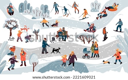 Winter park with a set of people engaged in outdoor activities. Skiing, sledding, snowboarding.Happy characters making a snowman, playing snowballs, walking dogs and others.Vector flat  illustration.