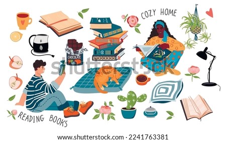 Resting at cozy home collection with storybooks.Man and woman reading books, cat on mat, chocolate, plants, flowers, cups,  teapot, lettering.Vector clip art set on white .Flat cartoon illustration.