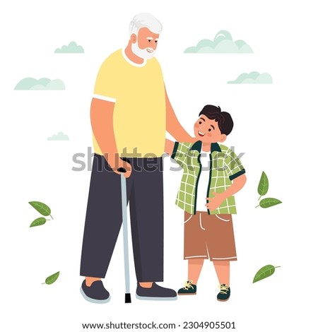 Grandpa meeting with grandson. Happy smiling characters communicate with each other. Relatives have fun together.Gray-haired old man and boy.Vector  flat illustration isolated on white background.