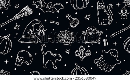 Black  white seamless pattern of linear elements for Halloween.Pumpkin, spider, web, hat, broom, skull, ghost, cats, bat, bone, potion,star,dot.Hand drawn print on fabric and paper.Vector illustration