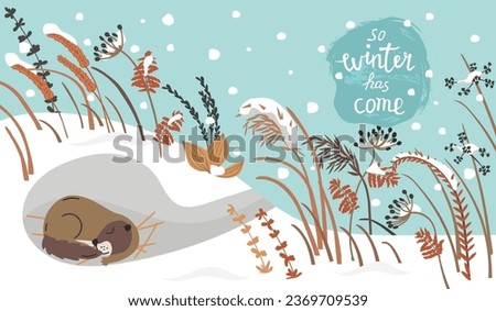 Sleeping marmot under snowy meadow grass.Winter background with dry plants,wild animal,lettering and snowfall.Horizontal banner with landscape.Print on fabric and paper.Vector flat illustration.